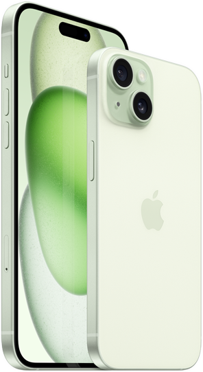 Vista de un iPhone 15 Plus de 6,7&nbsp;pulgadas y un iPhone&nbsp;15 de 6,1 pulgadas al lado para comparar su tamaño.