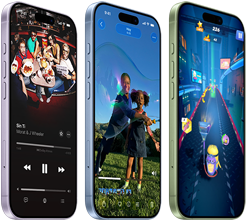 Dispositivos iPhone 17, parte frontal, parte lateral, que muestran Apple Music, inteligencia visual, juegos, botones: Botón de Acción, volumen