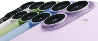 iPhone 17, parte posterior, sistema de dos cámaras Fusion, los cinco colores se superponen: negro, blanco, salvia, azul neblina y lavanda
