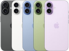 iPhone 17, parte posterior, sistema de dos cámaras Fusion, los cinco colores se superponen: negro, blanco, azul neblina, salvia y lavanda