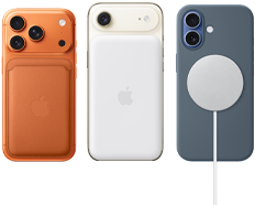 iPhone 17 Pro, parte posterior, color naranja cósmico, con una cartera de FineWoven con MagSafe en naranja zorro; iPhone Air, parte posterior, color oro claro, con batería Magsafe; iPhone 17, parte posterior, color azul neblina, con funda de silicón color azul ancla y cargador MagSafe