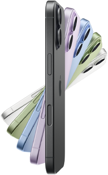 iPhone 17, parte lateral, cinco colores: negro, lavanda, azul neblina, salvia y blanco.