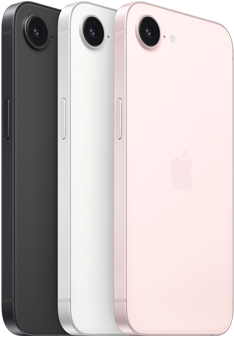 iPhone 17e, partes lateral y posterior, color negro, partes lateral y posterior, color blanco, partes lateral y posterior, color rosa p&aacute;lido, c&aacute;mara Fusion en la esquina superior, bot&oacute;n lateral
