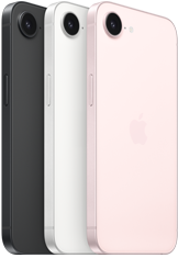 iPhone 17e, partes lateral y posterior, color negro, partes lateral y posterior, color blanco, partes lateral y posterior, color rosa p&aacute;lido, c&aacute;mara Fusion en la esquina superior, bot&oacute;n lateral