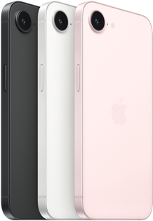 iPhone 17e, partes lateral y posterior, color negro, partes lateral y posterior, color blanco, partes lateral y posterior, color rosa p&aacute;lido, c&aacute;mara Fusion en la esquina superior, bot&oacute;n lateral