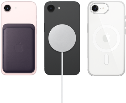 iPhone 17e en color rosa pálido con billetera de FineWoven en color morado medianoche, iPhone 17e en color negro y cargador MagSafe, iPhone 17e en color blanco con estuche transparente con MagSafe
