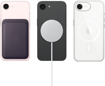 iPhone 17e en color rosa pálido con billetera de FineWoven en color morado medianoche, iPhone 17e en color negro y cargador MagSafe, iPhone 17e en color blanco con estuche transparente con MagSafe