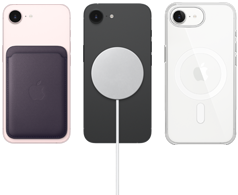 iPhone 17e en color rosa pálido con billetera de FineWoven en color morado medianoche, iPhone 17e en color negro y cargador MagSafe, iPhone 17e en color blanco con estuche transparente con MagSafe