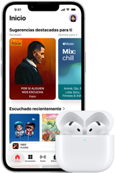 iPhone 17e, parte frontal, app Apple Music con la pantalla de inicio abierta, junto a unos AirPods Pro 4 en un estuche de carga MagSafe abierto