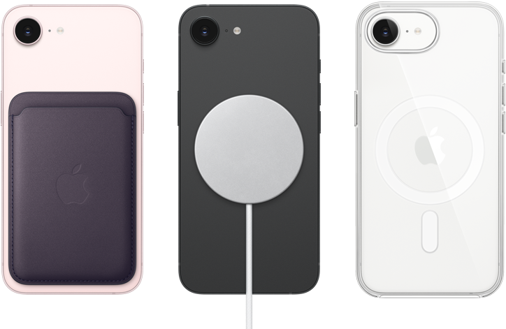 iPhone 17e, parte posterior, color rosa pálido, billetera de FineWoven con MagSafe acoplado, iPhone 17e, parte posterior, color negro, cargador MagSafe acoplado, iPhone 17e, parte posterior, color blanco, estuche transparente con MagSafe acoplado