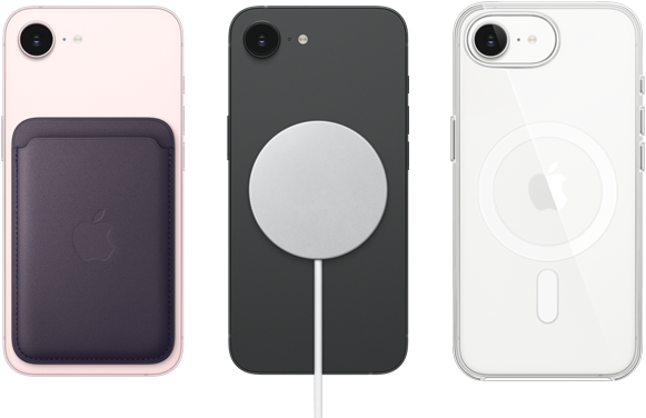iPhone 17e, parte posterior, color rosa pálido, billetera de FineWoven con MagSafe acoplado, iPhone 17e, parte posterior, color negro, cargador MagSafe acoplado, iPhone 17e, parte posterior, color blanco, estuche transparente con MagSafe acoplado