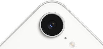 iPhone 17e, vista parcial de la parte posterior, color blanco, c&aacute;mara Fusion en la parte superior
