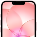 iPhone 17e, vista parcial de la parte frontal con Ceramic Shield 2, color rosa pálido, el fondo de pantalla muestra la imagen de una flor rosada